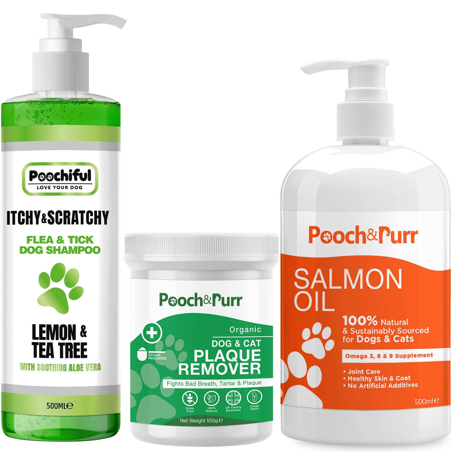 Itchy & Scratchy 500ml + Pooch And Purr Salmon Oil 500ml + Plaque Powder 100g Bundle