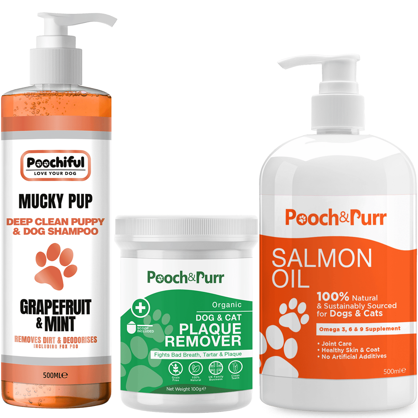 Mucky Pup 500ml + Pooch And Purr Salmon Oil 500ml + Plaque Powder 100g Bundle