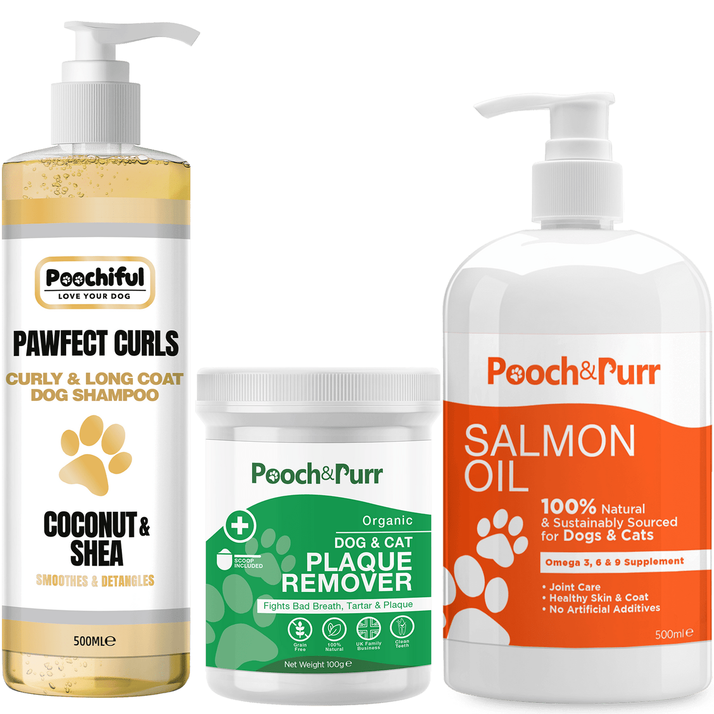 Pawfect Curls 500ml + Pooch And Purr Salmon Oil 500ml + Plaque Powder 100g Bundle