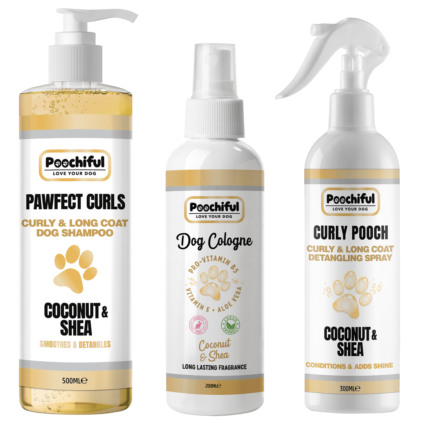 Pawfect Curls 500ml + Coconut And Shea 200ml Cologne + Curly Pooch 300ml Detangling Bundle