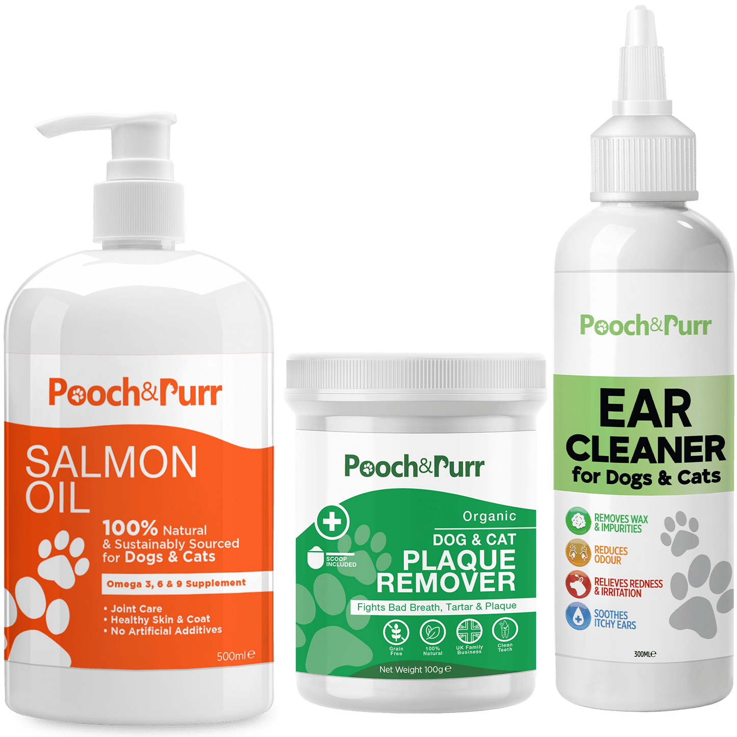 Pooch & Purr Salmon Oil 500ml, Plus Ear Cleaner 300ml, Plus Plaque Powder 100g Bundle