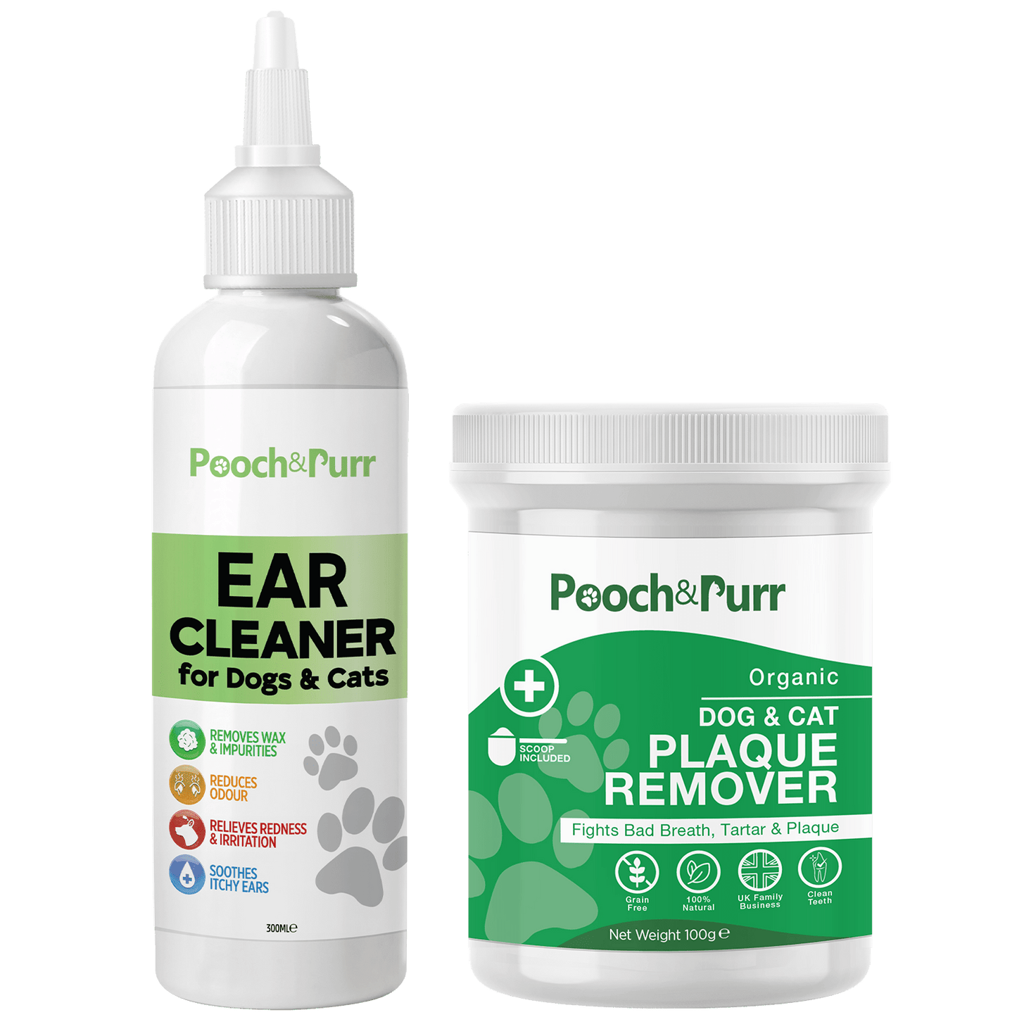Pooch & Purr Ear Cleaner 300ml, Plus Plaque Powder 100g Bundle