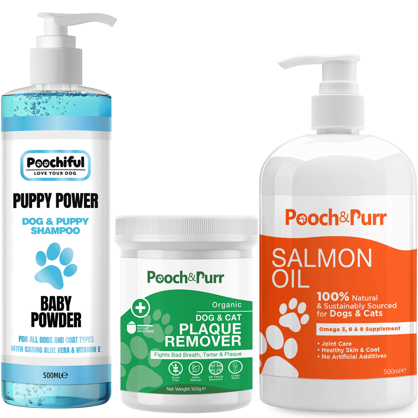Puppy Power 500ml + Pooch And Purr Salmon Oil 500ml + Plaque Powder 100g Bundle